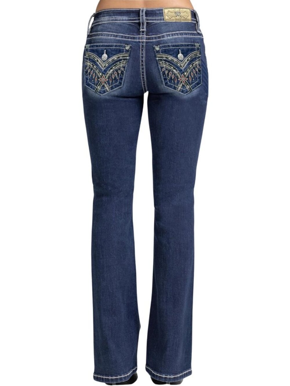 Stylish Mid-Rise Bootcut Jeans with Diamond Fringe & Faux Flap Pockets